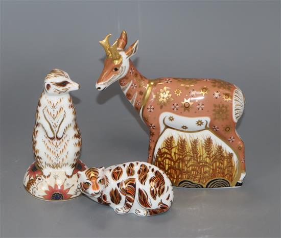 Three Royal Crown Derby paperweights, Pronghorn Antelope  with certificate, a New Year 2010 Tiger and Meerkat